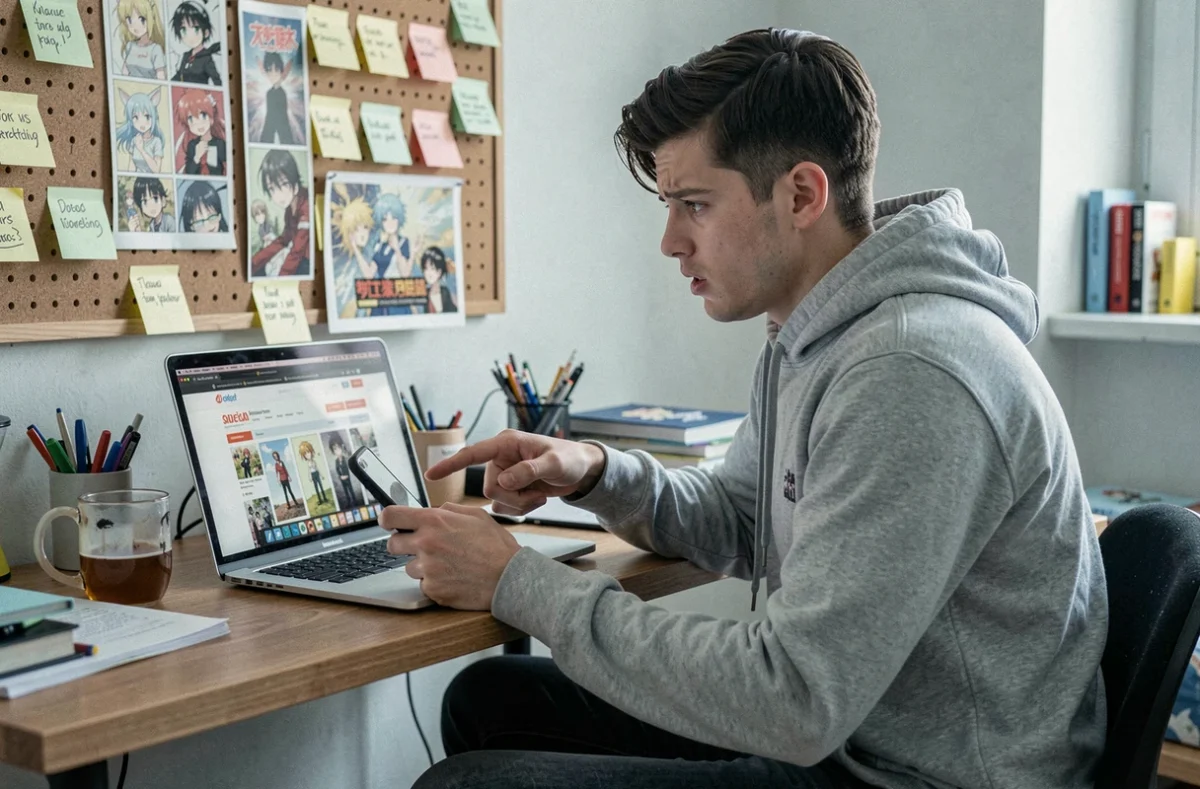 Jeune homme devant un ordinateur consultant un site de scans manga, essayant de retrouver des chapitres manquants de Just Friends