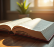 Livre juridique ouvert sur un bureau moderne ensoleille