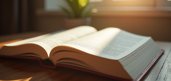 Livre juridique ouvert sur un bureau moderne ensoleille