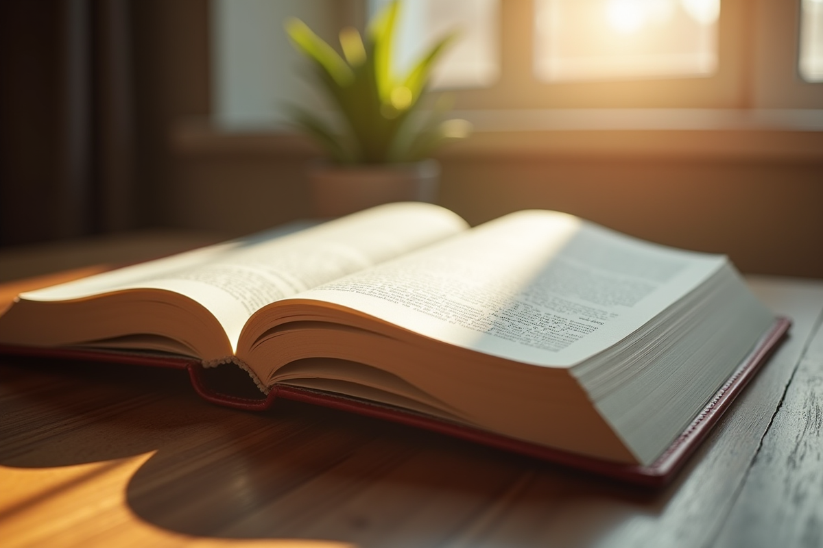 Livre juridique ouvert sur un bureau moderne ensoleille