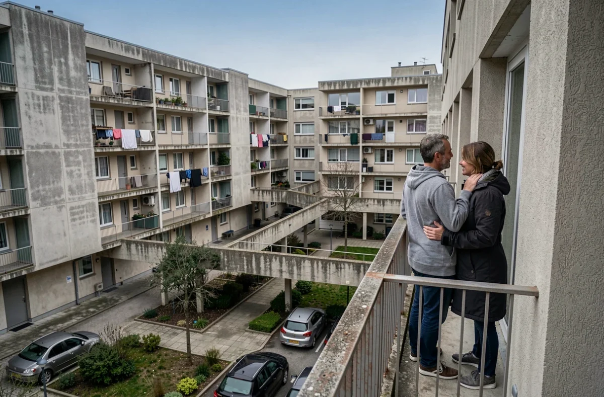 Couple de locataires sur le balcon d'un appartement HLM dans le quartier du Mirail, vue sur les barres d'immeubles et les coursives