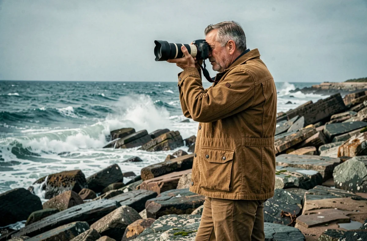 Loussouarn photographe sur un promontoire rocheux de la côte vendéenne en train de photographier les vagues