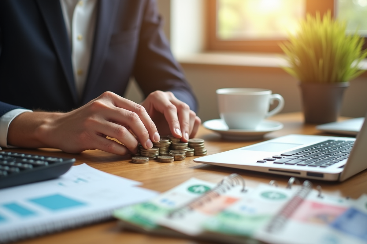 Mains manipulant des pièces et billets sur un bureau en bois