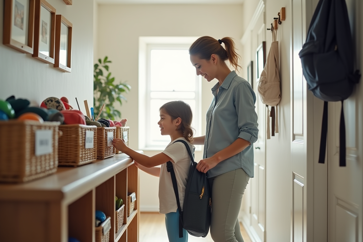 Maman et fille rangeant des affaires dans un couloir lumineux