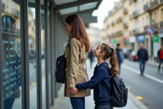 Maman et fille regardant l'horaire à un arrêt de bus à Lyon