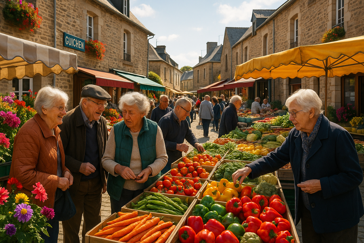 Scène de marché animé à Guichen avec personnes âgées achetant des produits frais