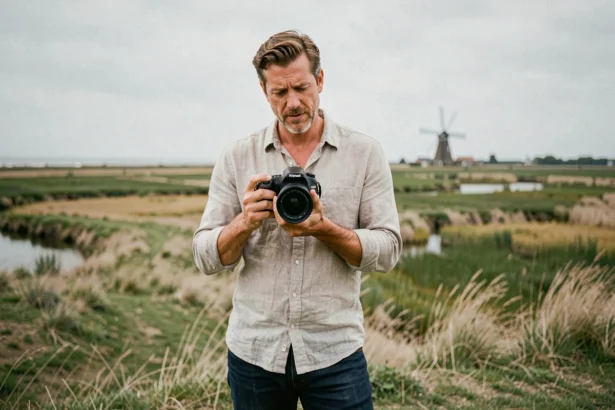 Photographe professionnel tenant un appareil photo devant un paysage de Vendée avec marais et moulin
