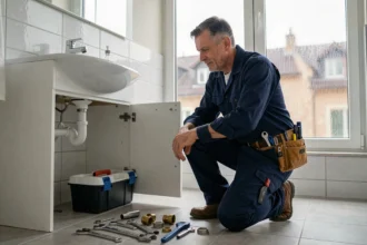 Plombier d'urgence en Côte-d'Or intervenant sous un évier dans une salle de bain résidentielle