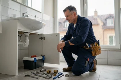 Plombier d'urgence en Côte-d'Or intervenant sous un évier dans une salle de bain résidentielle