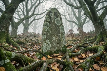 Menhir en granite recouvert de lichen dans une forêt brumeuse de Bretagne, évoquant la mythologie des Korrigans