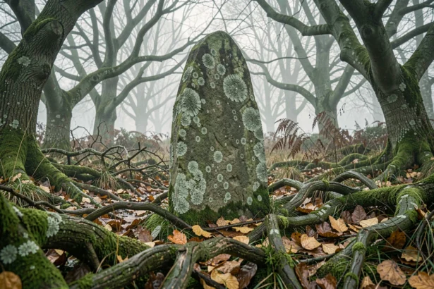 Menhir en granite recouvert de lichen dans une forêt brumeuse de Bretagne, évoquant la mythologie des Korrigans