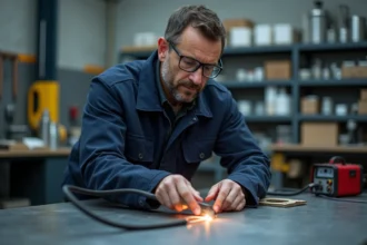 Métallier middleaged guidant une feuille de métal avec un plasma