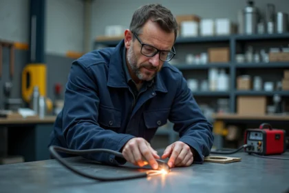 Métallier middleaged guidant une feuille de métal avec un plasma