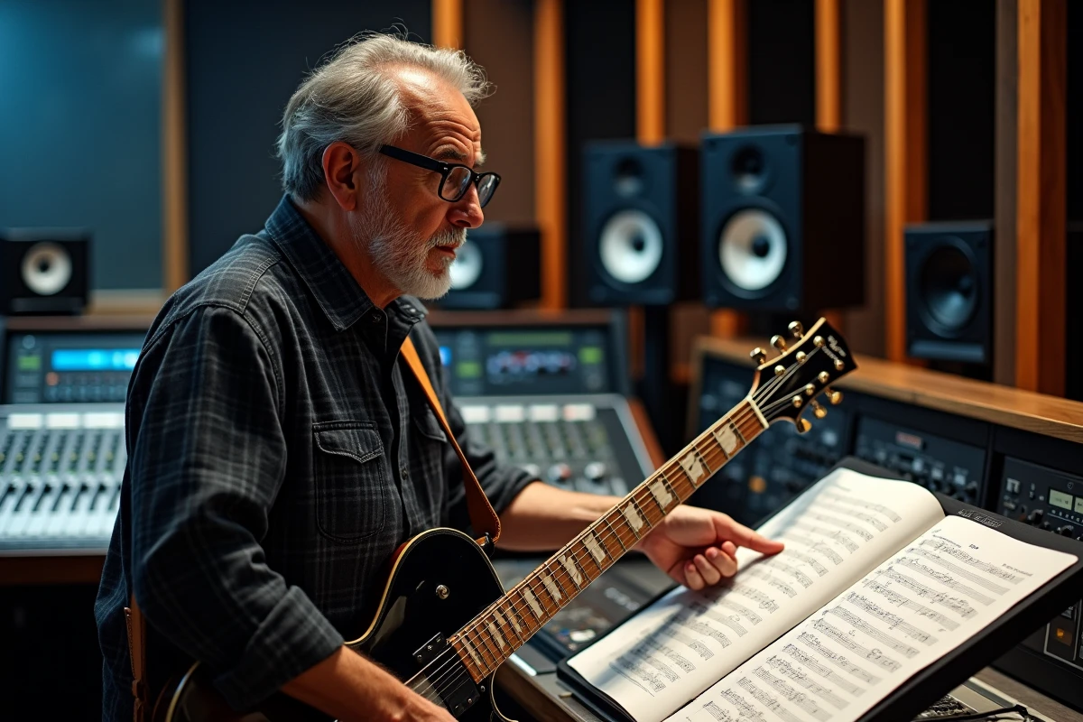 Musicien professionnel avec guitare électrique Gibson étudiant la partition de Let It Be en studio d'enregistrement