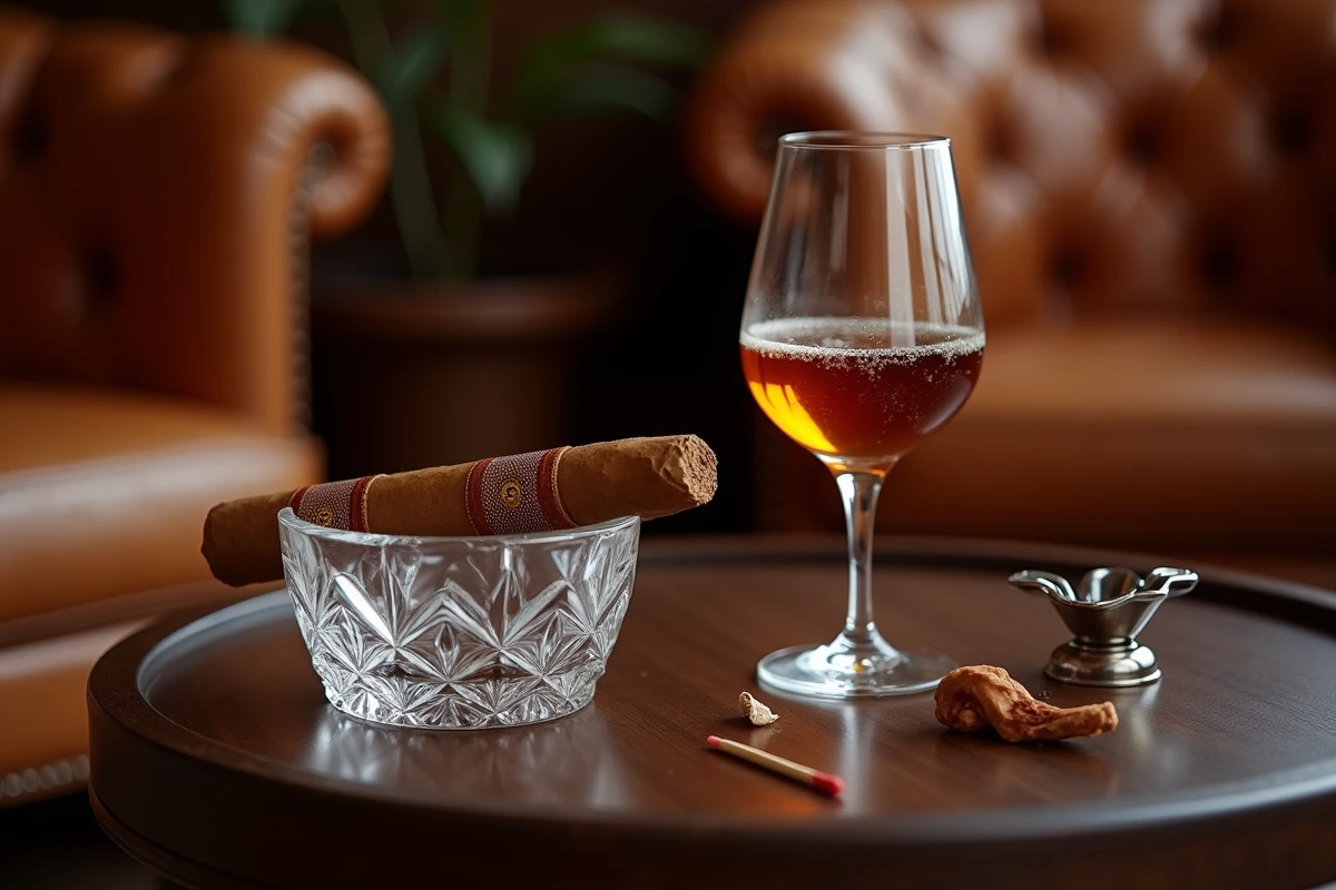 Nature morte raffinée avec cigare premium, cendrier en cristal et verre d'Armagnac sur une table en noyer dans un salon club