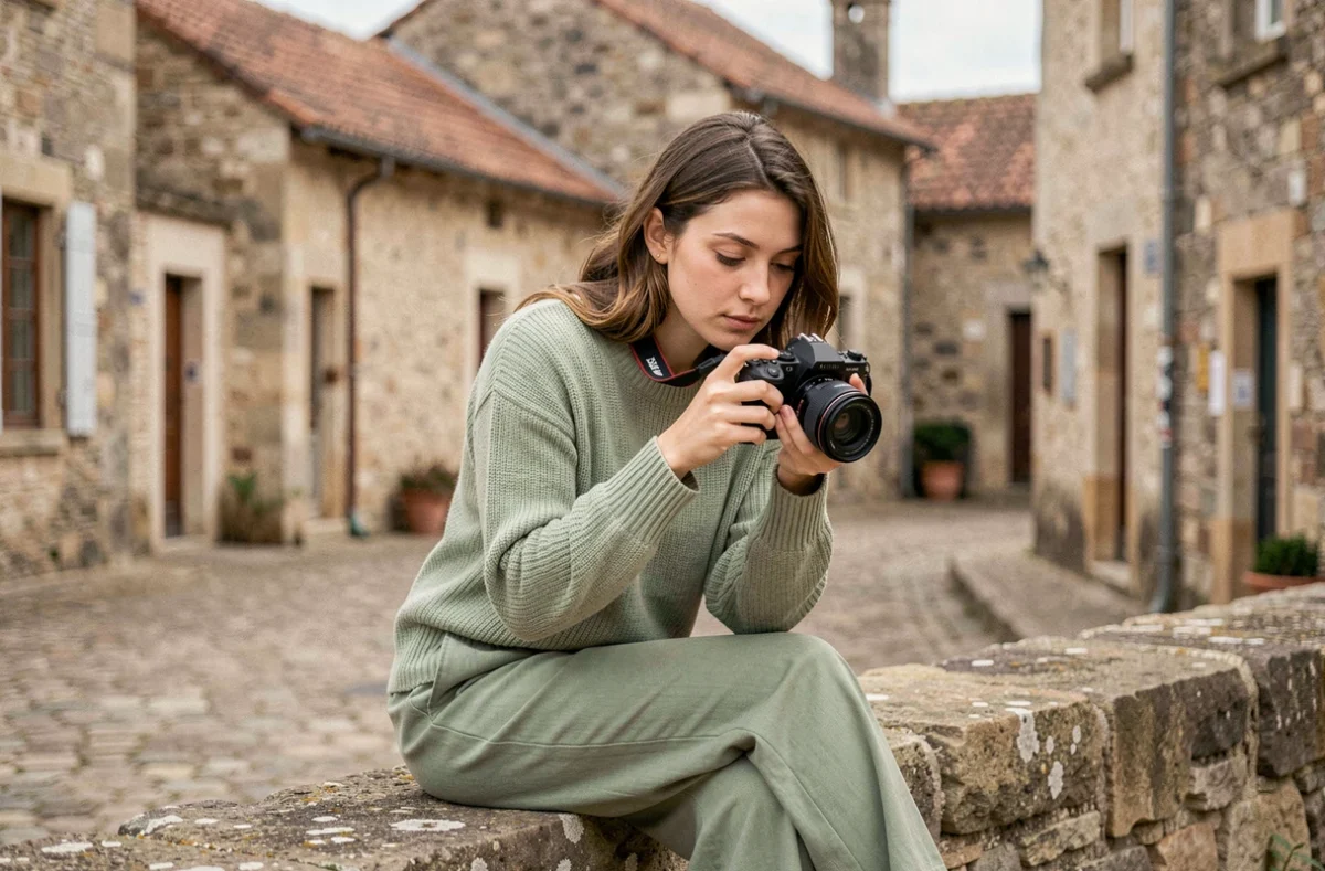 Nina Pontida photographe examinant ses photos sur appareil dans une place de village vendéenne