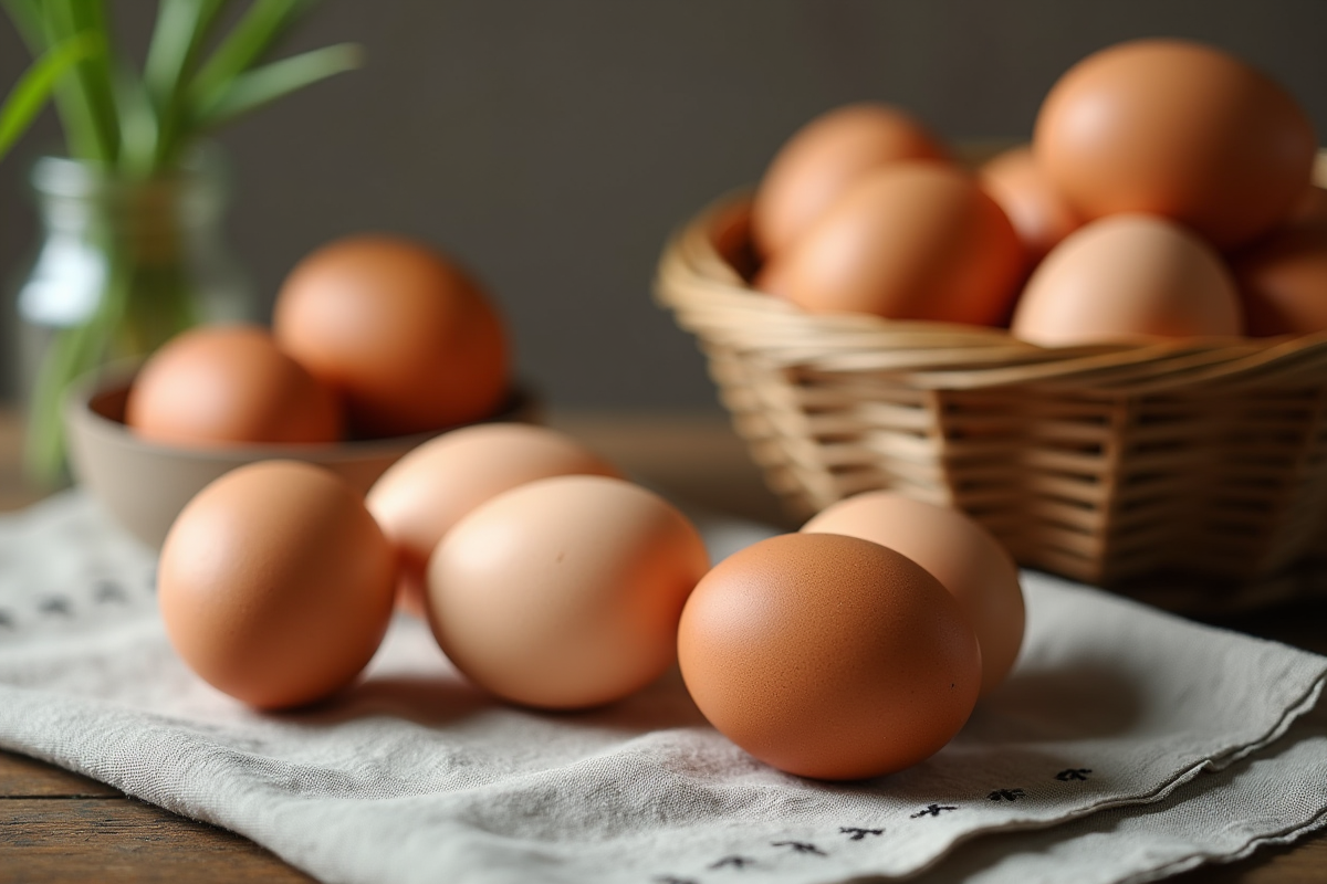Oeufs frais sur une table en bois rustique avec lumière naturelle