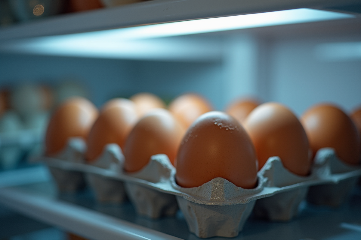 Oeufs dans un carton dans un refrigerateur moderne avec condensation
