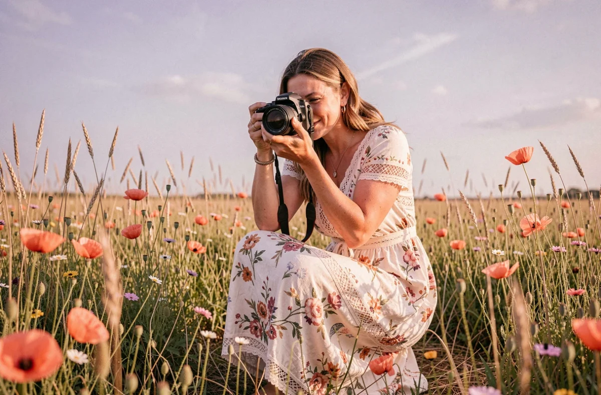 Olenly Photographe accroupie dans une prairie fleurie de Vendée pour cadrer une photo en contre-plongée