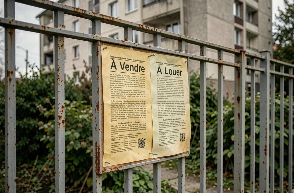 Panneau immobilier à vendre et à louer fixé sur une grille dans le quartier du Mirail, illustrant le marché immobilier local