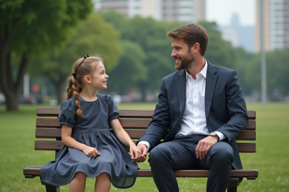Père et fille assis sur un banc dans un parc urbain