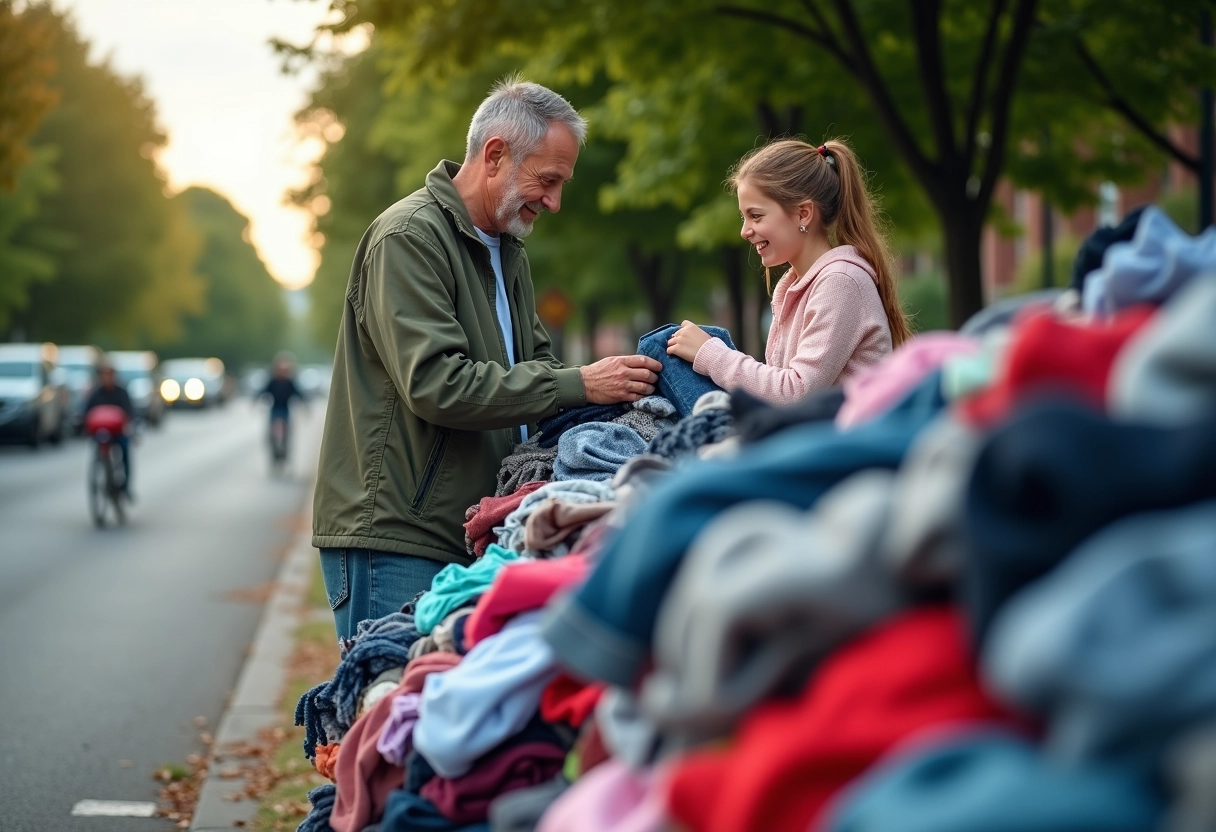 Père et fille triant des vêtements près des containers de dons