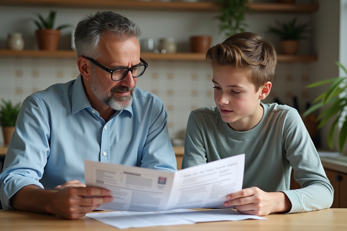 Père et fils discutent autour d une facture d inscription scolaire