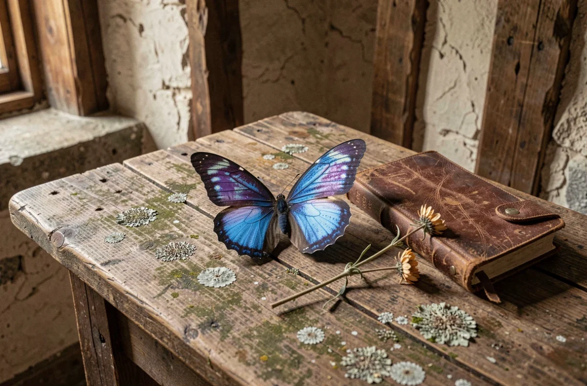 Papillon bleu morpho posé sur une surface en bois ancien avec un journal et une fleur séchée, symbolisant la métamorphose et l'introspection
