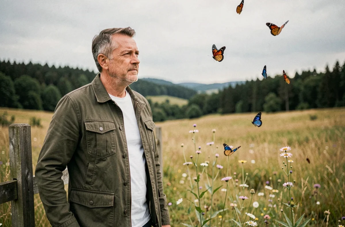 Homme dans une prairie observant des papillons en vol autour de fleurs sauvages, évoquant le symbolisme du changement et de la transformation personnelle