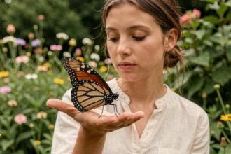 Femme tenant un papillon monarque dans sa main dans un jardin botanique, symbolisant la transformation et la sérénité