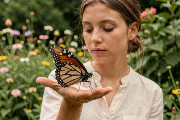 Femme tenant un papillon monarque dans sa main dans un jardin botanique, symbolisant la transformation et la sérénité