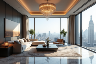 Salon moderne avec vue panoramique sur la ville