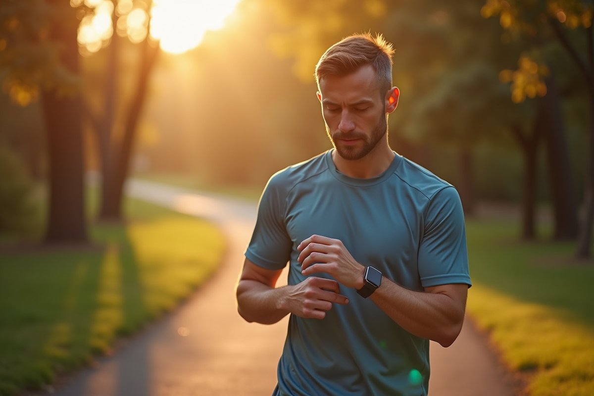 Adulte vérifiant un tracker de fitness en marchant dans un parc