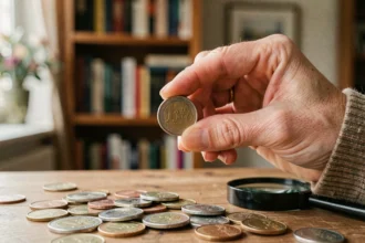 Femme tenant une pièce de 2 euros rare entre ses doigts pour en examiner les détails avec une loupe sur une table en bois