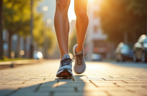 Pieds en chaussures de course marchant sur le trottoir ensoleille