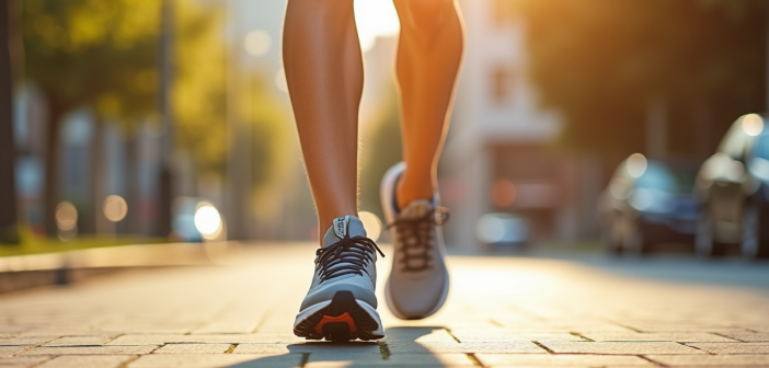 Pieds en chaussures de course marchant sur le trottoir ensoleille