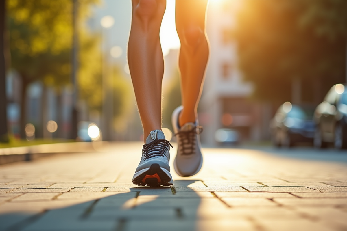 Pieds en chaussures de course marchant sur le trottoir ensoleille