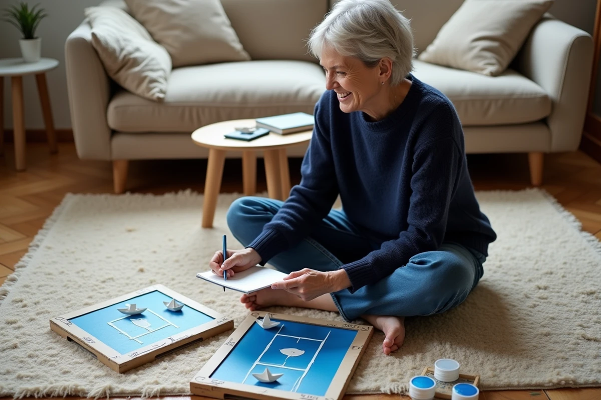 Femme assise au sol avec des plateaux de bataille navale faits maison et des règles personnalisées