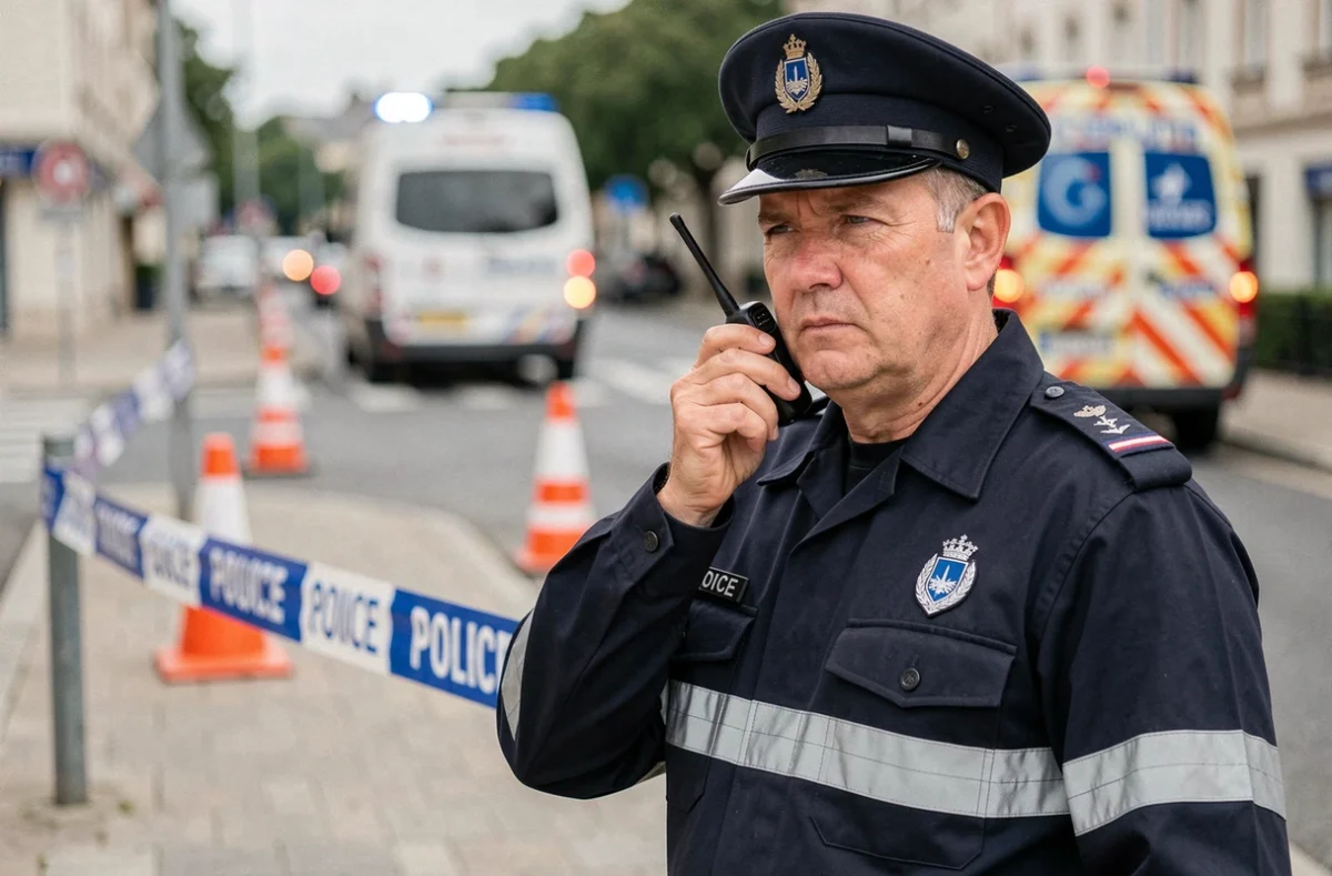 Policier en uniforme sécurisant le périmètre d'un accident de la route à Lorient avec rubalise bleue et blanche