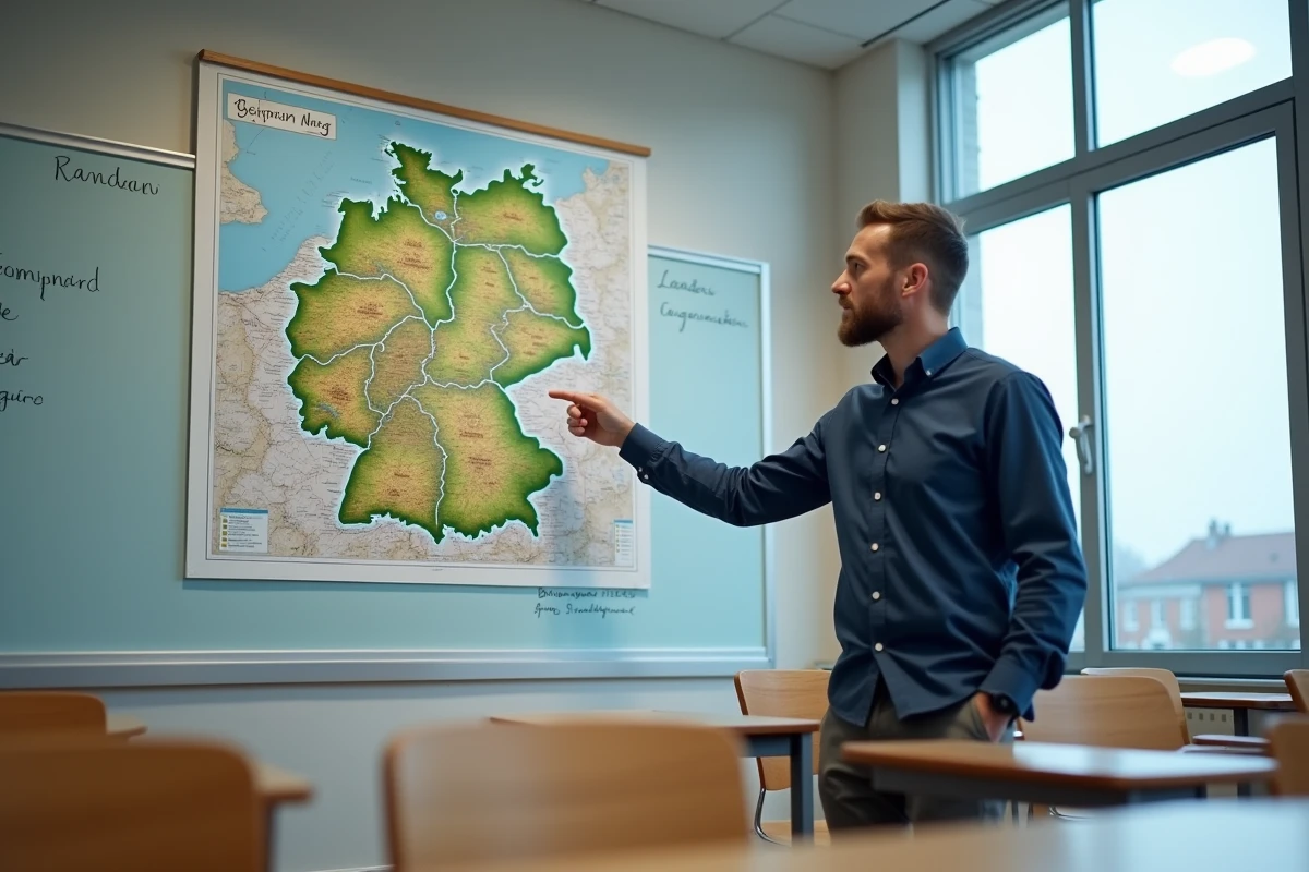 Professeur de géographie montrant les Länder allemands sur une grande carte murale en salle de classe