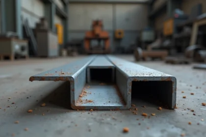 Profilé en acier en U pour châssis de remorque posé sur sol béton en atelier de fabrication métallique