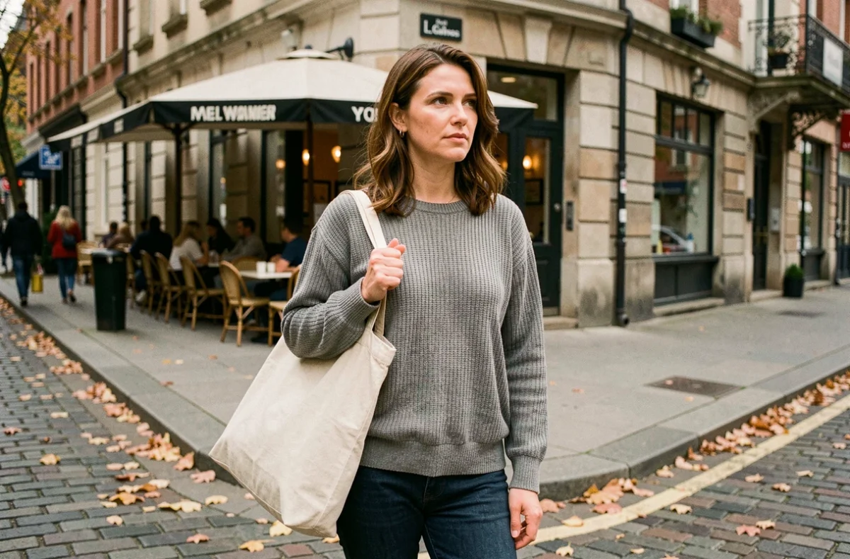 Femme pensive dans une rue urbaine en automne symbolisant un tournant de vie et une nouvelle direction personnelle