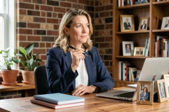 Femme réfléchissant à sa transformation personnelle dans un bureau à domicile chaleureux entouré de souvenirs et de livres