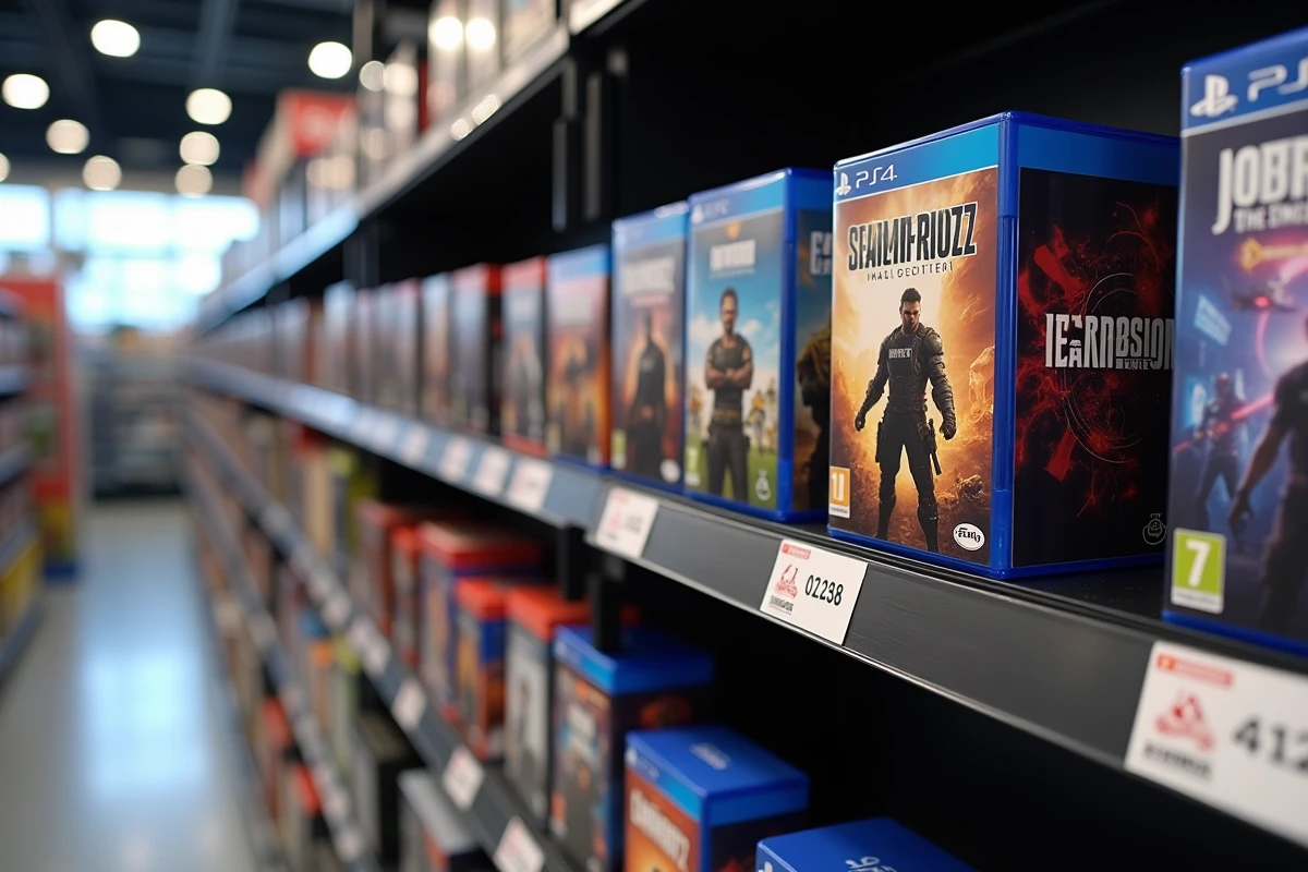 Rayonnage d'un magasin de jeux vidéo avec des éditions spéciales 2026 alignées et des étiquettes de prix promotionnelles