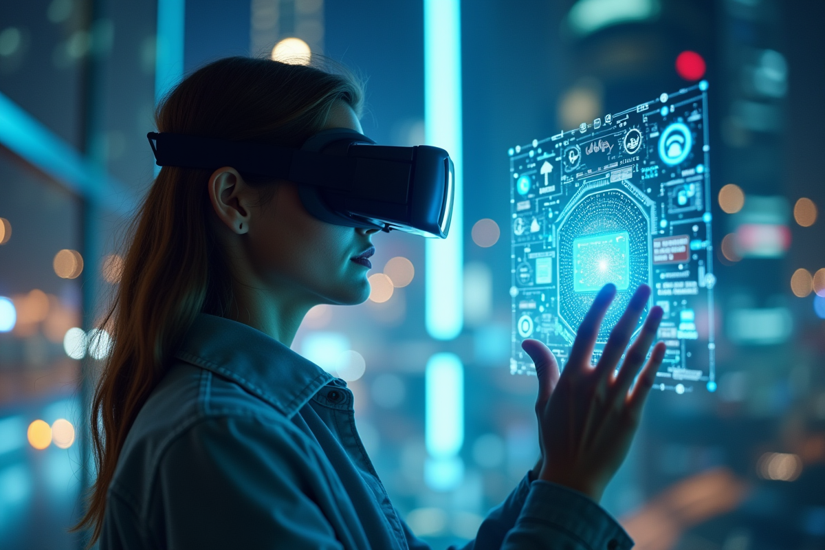 Personne utilisant des lunettes de réalité augmentée dans une ville futuriste