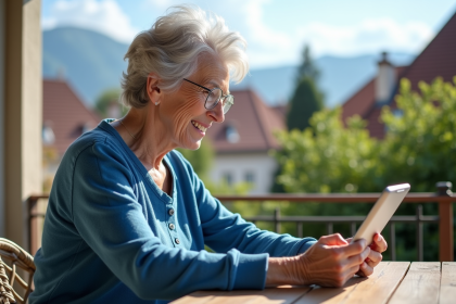 Femme retraitée regardant sa tablette sur un balcon en village
