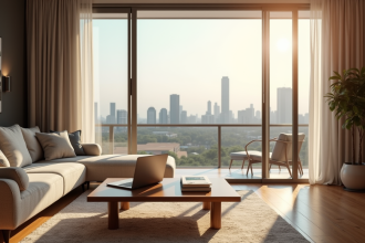 Salon moderne avec vue sur la ville et documents fiscaux
