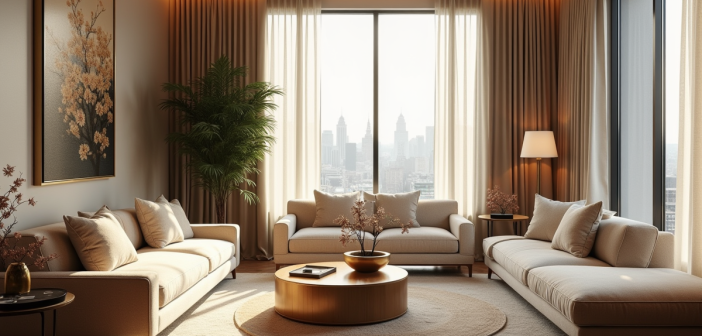 Salon de luxe lumineux avec mobilier moderne et accents dorés