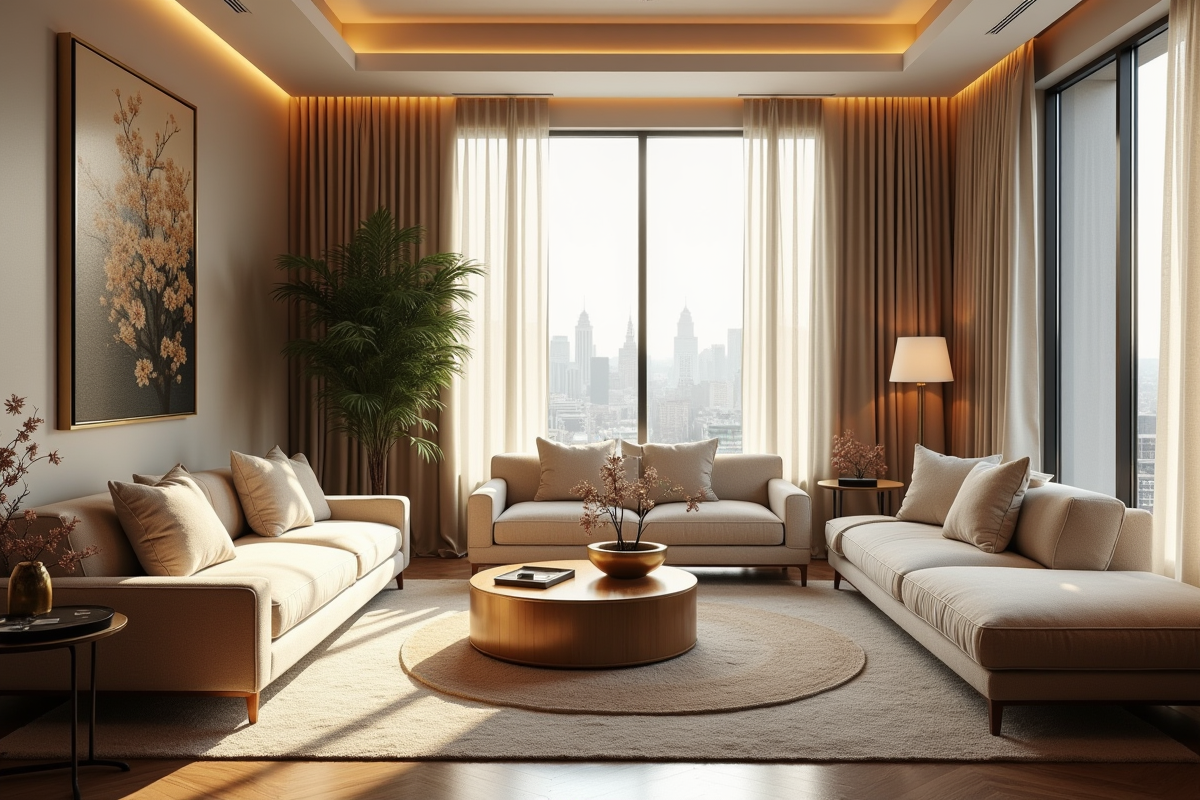 Salon de luxe lumineux avec mobilier moderne et accents dorés