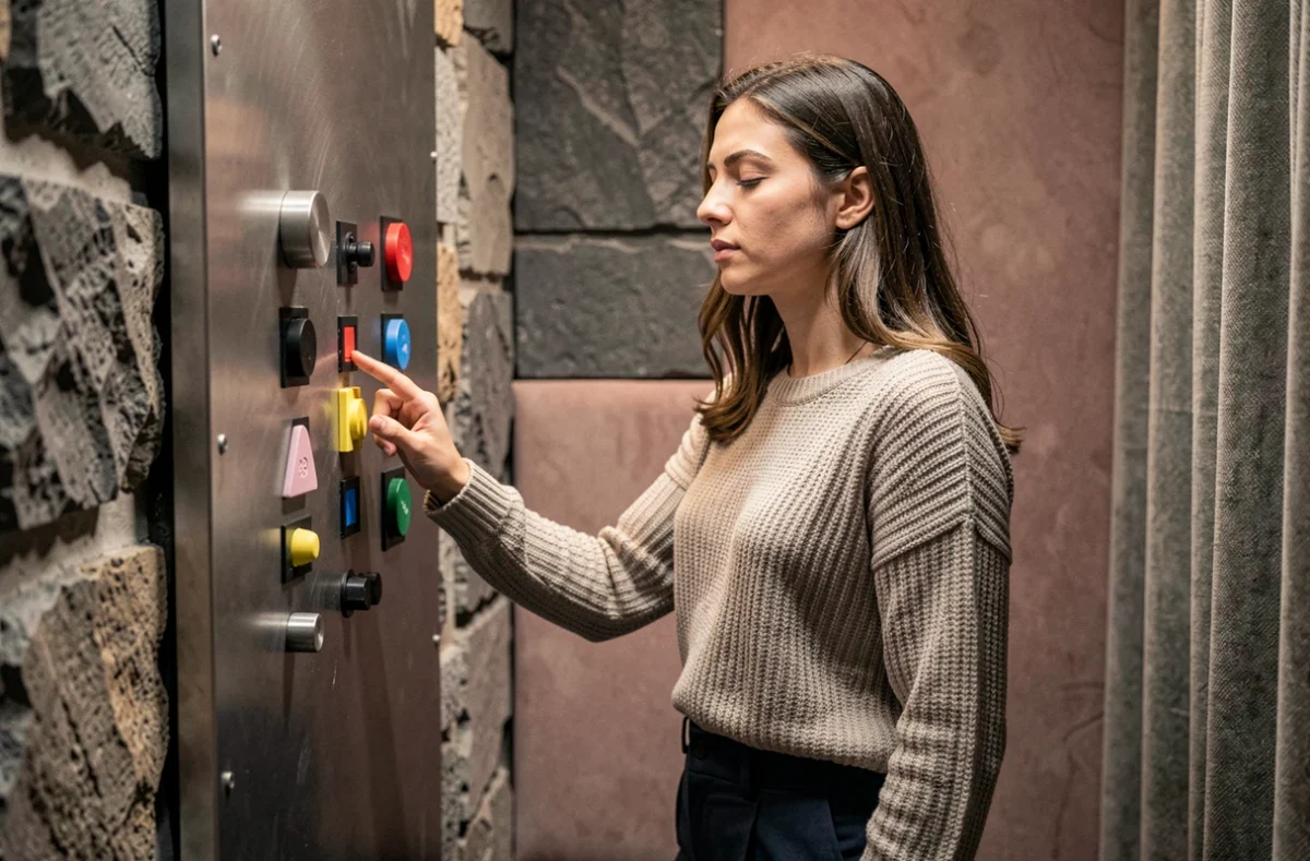 Participante explorant les éléments sensoriels et tactiles d'une salle immersive de Sensas Créteil